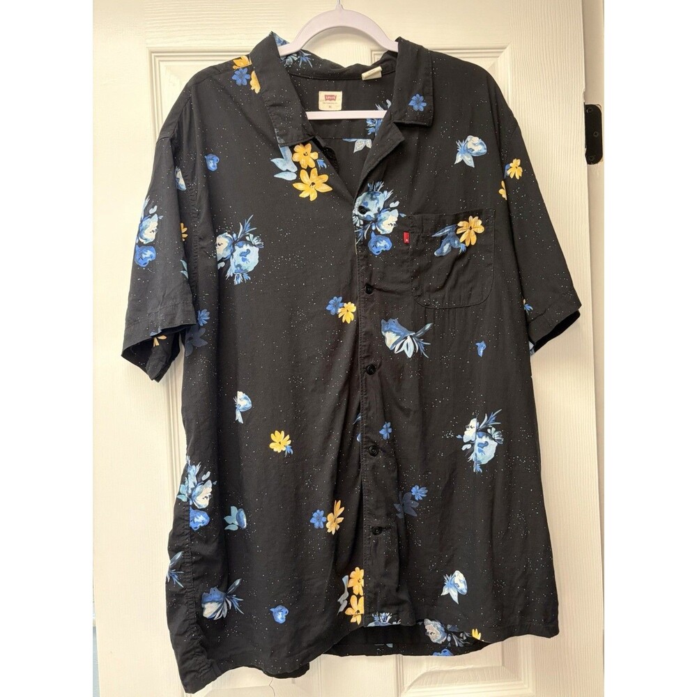 Levi's Men Button Up Shirt XL Black Floral Hawaiian Shirt Relaxed Short